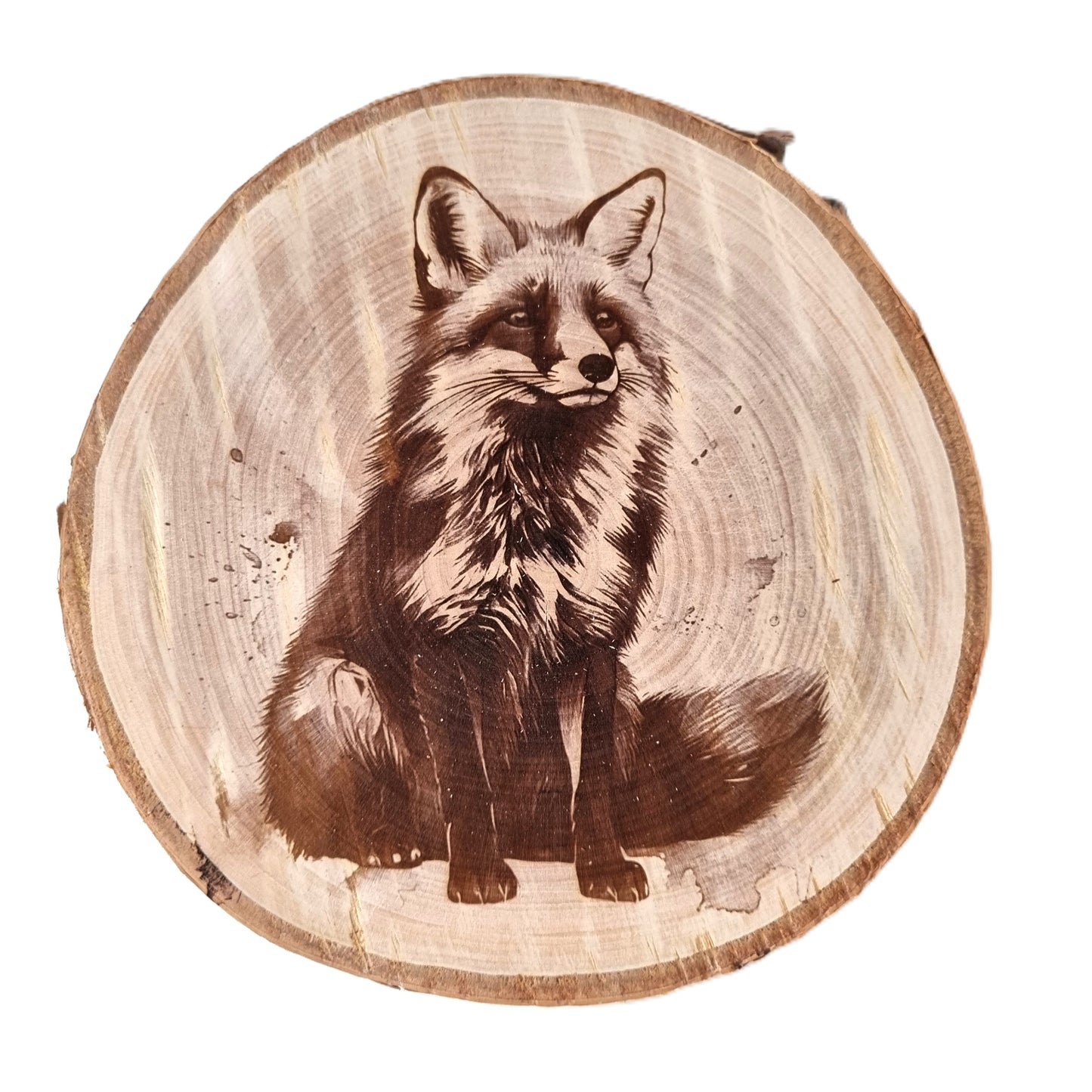 Rustikale Baumscheibe graviert mit Fuchs-Motiv