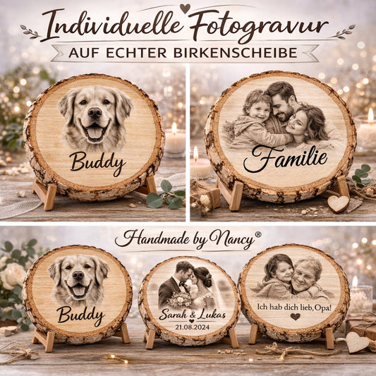 Rustikale Baumscheibe graviert mit deinem Foto