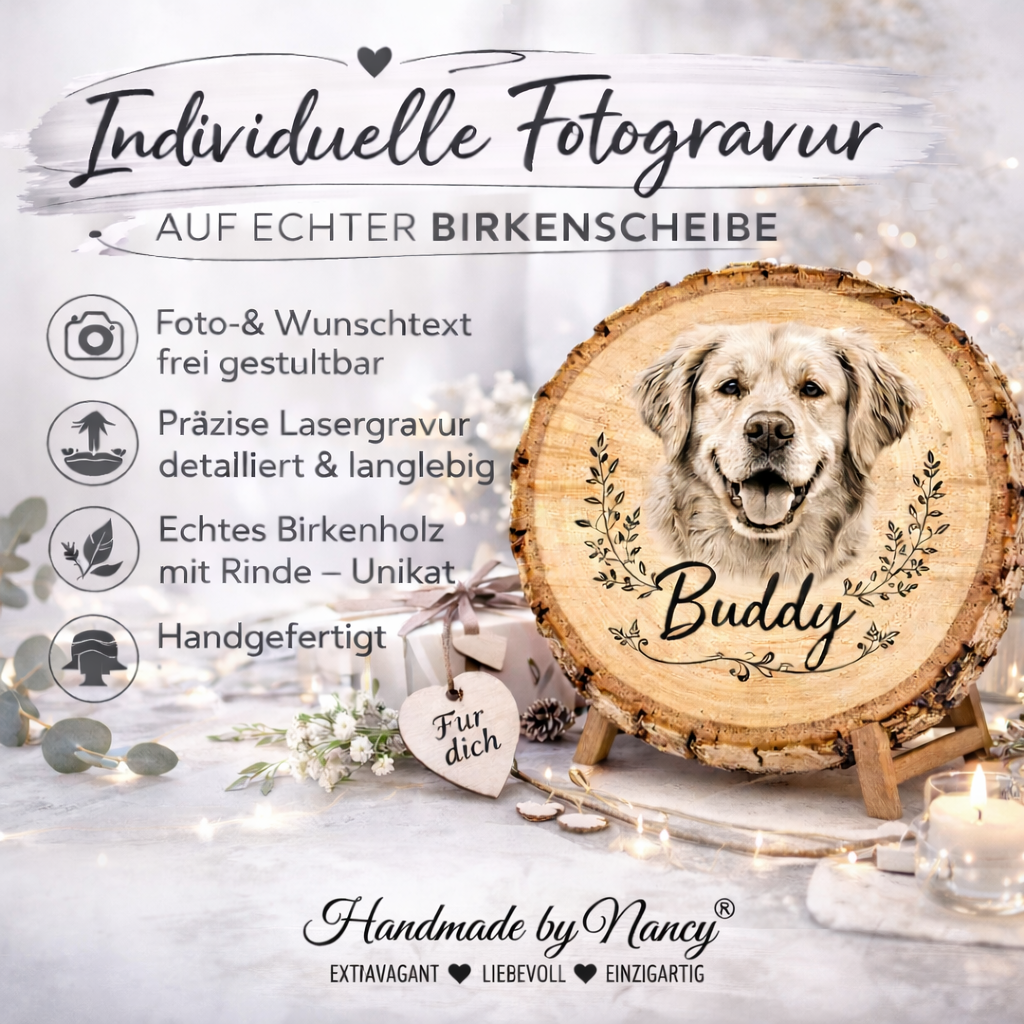 Rustikale Baumscheibe graviert mit deinem Foto